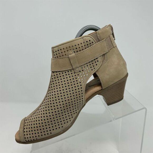 Earth Women's Brown Beige Leather Peep Toe Sandal Heels Size 7.5 Casual - Picture 3 of 12